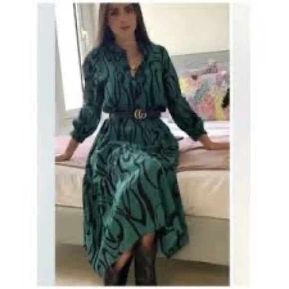 Zara Swirl Print Green Black Long Sleeve Button Up Maxi Dress Blogger's Fav M - Picture 5 of 16